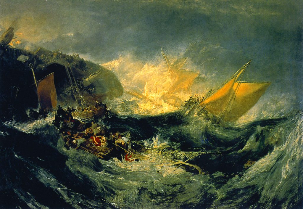 "O naufrágio do Minotauro" de William Turner, um dos maiores artistas da humanidade, pintado em 1810. Ao que parece, naufrágios eram comuns na época. Fonte: Wikimedia, Calouste Gulbenkian Foundation, Lisboa.