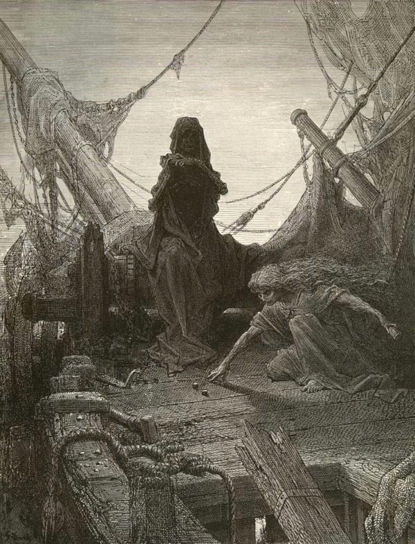 A morte e a vida-em-morte disputam os marinheiros. Ilustração de Gustave Doré.