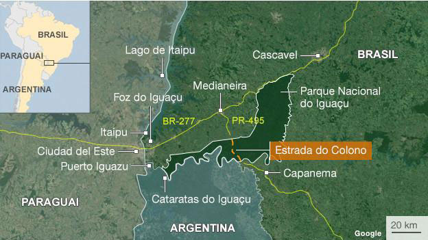 Localização da região do Parque Nacional do Iguaçu e da antiga Estrada do Colono. 
