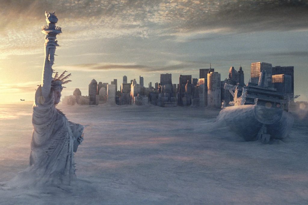 Nova York coberta de gelo devido ao desligamento da circulação meridional do Atlântico Norte, em cena do filme "O Dia Depois de Amanhã". Foto: Reprodução
