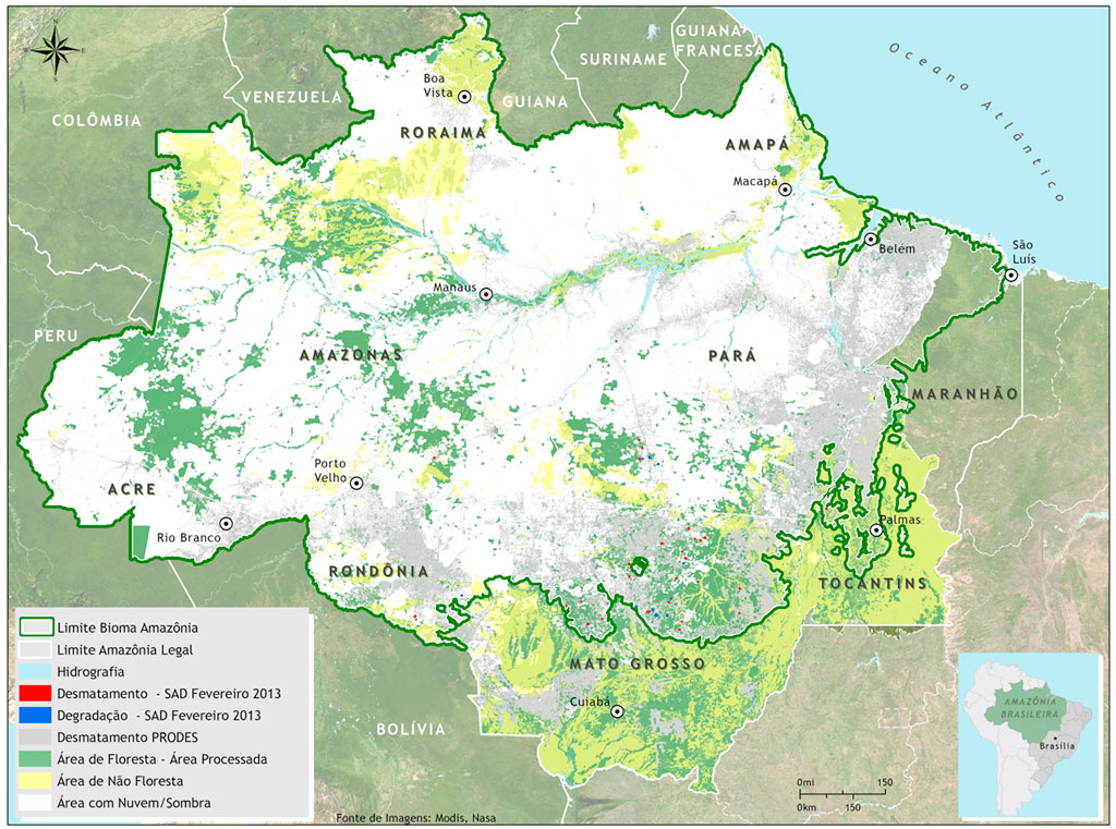 Imagem divulgada no relatório de fevereiro de 2013 pelo Imazon mostra Amazônia coberta por nuvens (em branco). Crédito: imagem cedida pelo Imazon | Clique para ampliar