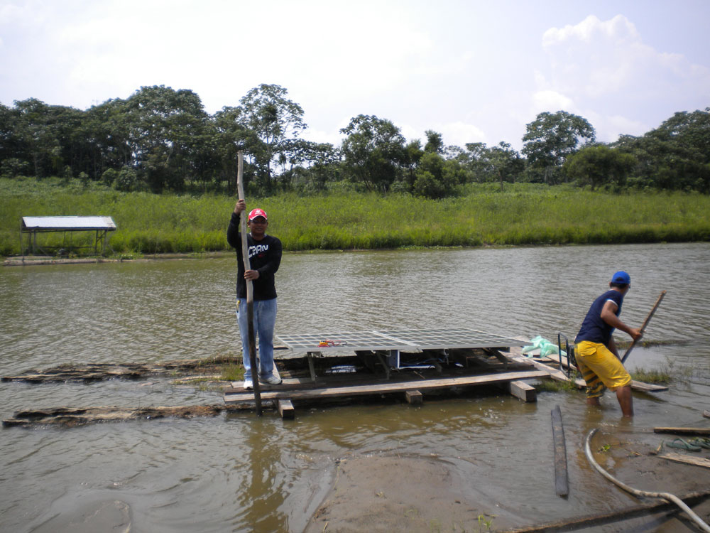 As células fotovoltaicas que geram a energia para mover o sistema de bombeamento da Vila Alencar ficam instaladas em balsas. Foto: Elizabeth Oliveira