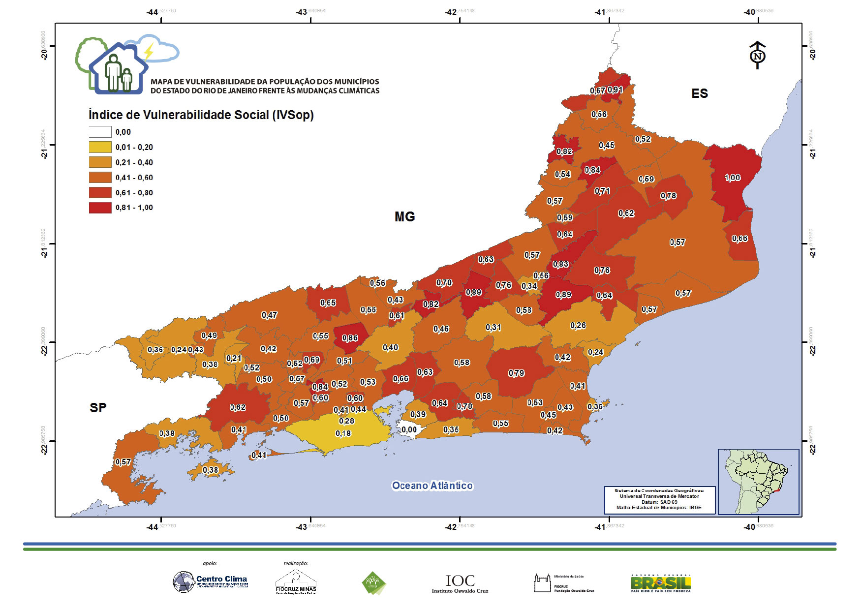 No Índice de Vulnerabilidade Social (IVSop), que utilizou como bases os dados do Censo Demográfico 2010 do Instituto Brasileiro de Geografia e Estatística (IBGE), foram estudadas características como estrutura familiar, educação, renda e disponibilidade de infraestrutura, a fim de identificar os municípios com menor ou maior capacidade de fornecer uma resposta social às adversidades e a possíveis impactos das mudanças do clima.