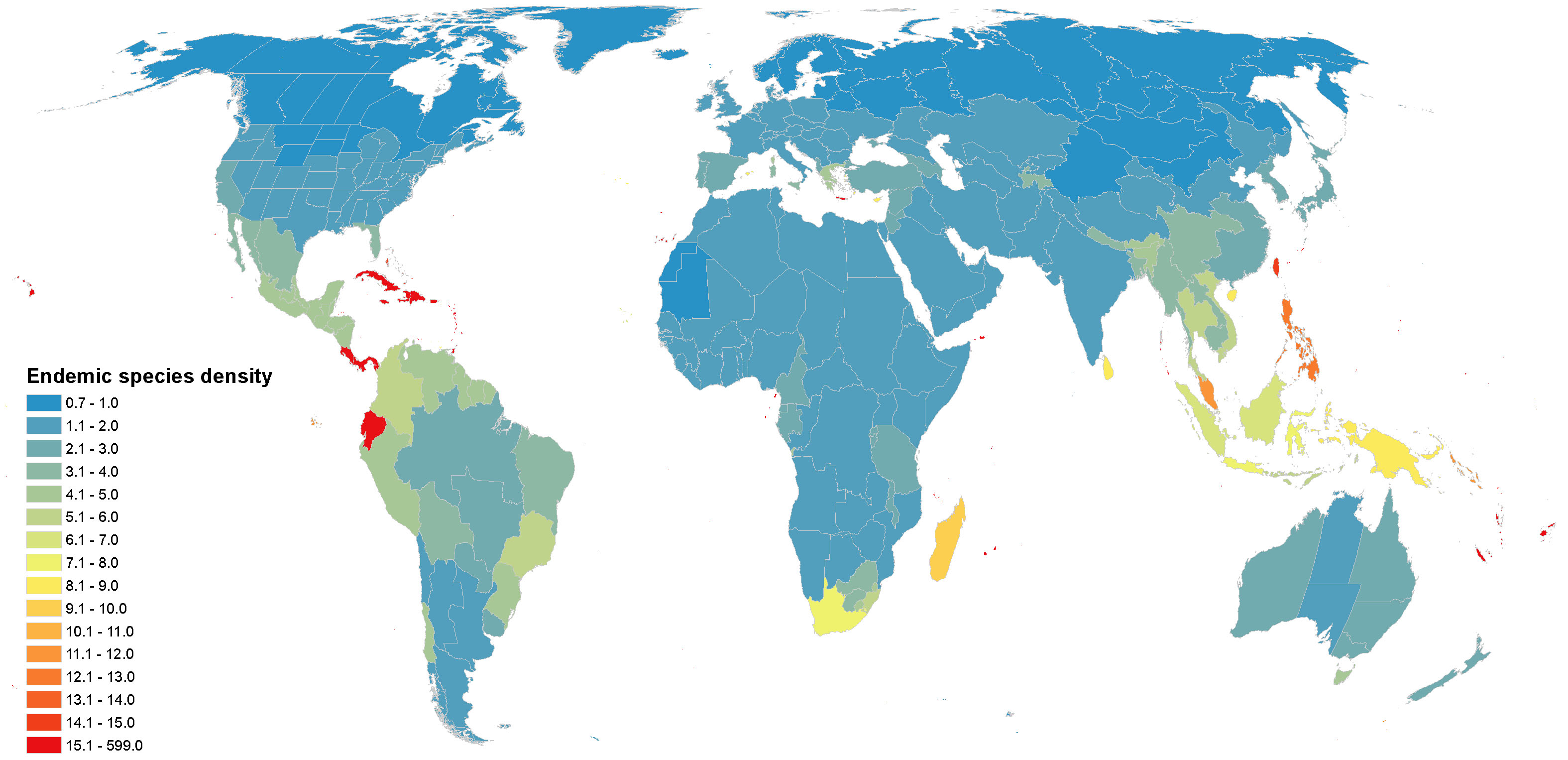 O mapa produzido pelos pesquisadores: as cores indicam a contribuição das regiões para o total de plantas endêmicas no mundo, ou seja, aquelas que não são encontradas em nenhum outro lugar. A Colômbia combinada com áreas em cores vermelhas, como o Equador, Panamá e Costa Rica, têm mais de sete espécies de plantas endêmicas a cada mil quilômetros quadrados. Crédito: cortesia L. Joppa, P. Visconti, C.N. Jenkins, S.L. Pimm
