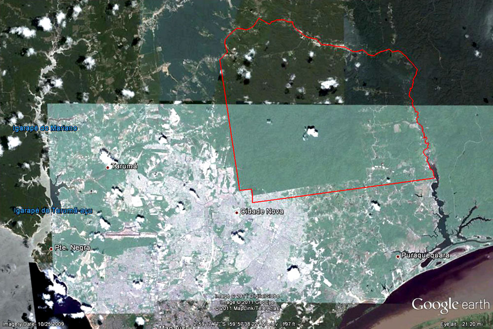 Em vermelho, a área da Reserva Adolpho Ducke.