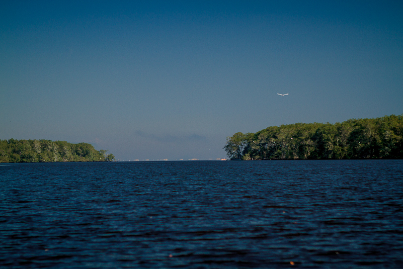 Foz do Rio Caceribu e a Baía de Guanabara ao fundo. Os oito rios que atravessam as UCs estão comprometidos pelo despejo de esgoto in natura de cidades à montante, como São Gonçalo, que trata menos de 20% do esgoto.