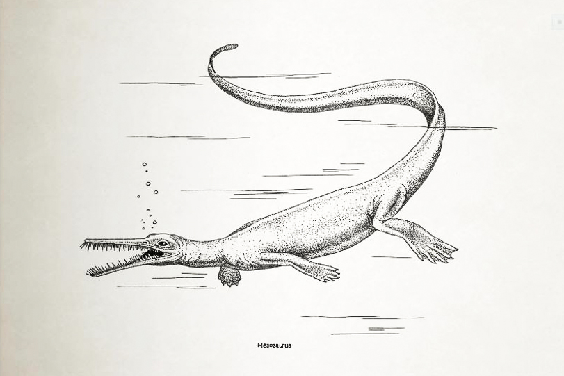 Entre as centenas de ilustrações feitas a bico de pena do livro "Visóes de um passado remoto" está esta de um Mesosaurus, réptil primitivo do período Permiano Inferior.
