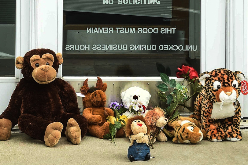Animais de pelúcia colocados na porta da clínica do dentista Walter Palmer, na cidade de Bloomington, estado de Minneapolis. Foto: Scott Takushi/AP