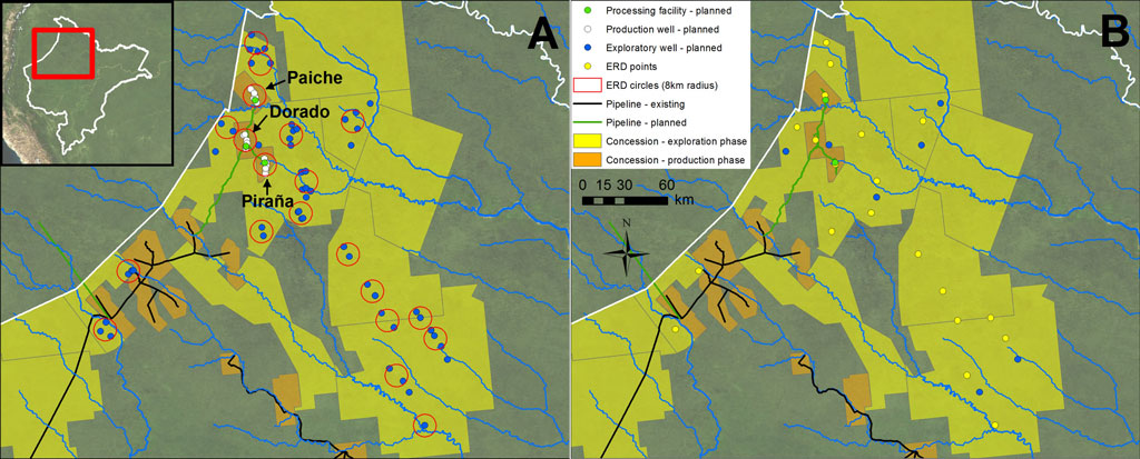 Perfuração usando técnica de Alcance Estendido poderia reduzir a pegada de projetos de perfuração previstos para Loreto. Os círculos vermelhos na figura A mostram múltiplas plataformas de perfuração que poderiam ser consolidadas em um número menor. Na Figura B, um projeto alternativo baseado nas melhores práticas. Os pontos amarelos mostram onde uma plataforma de Alcance Estendido poderia substituir várias plataformas tradicionais. Fontes: Perupetro, Governo Regional de Loreto e Ministério de Transportes e Comunicação
