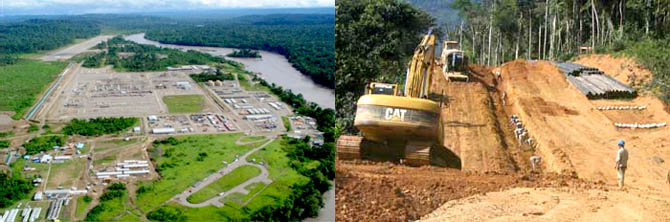 Esquerda: Usina de separação de gás nas margens do río Urubamba, 500 km a leste de Lima. Direita: obras de construção do gasoduto que leva a produção de Camisea até a costa do Peru. (Fotos: Divulgação/osinergmin.gob.pe)