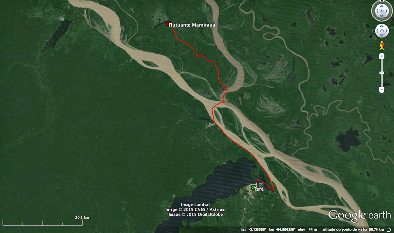 Trajeto realizado pela equipe, de Tefé à base do Instituto. | Clique para ampliar.