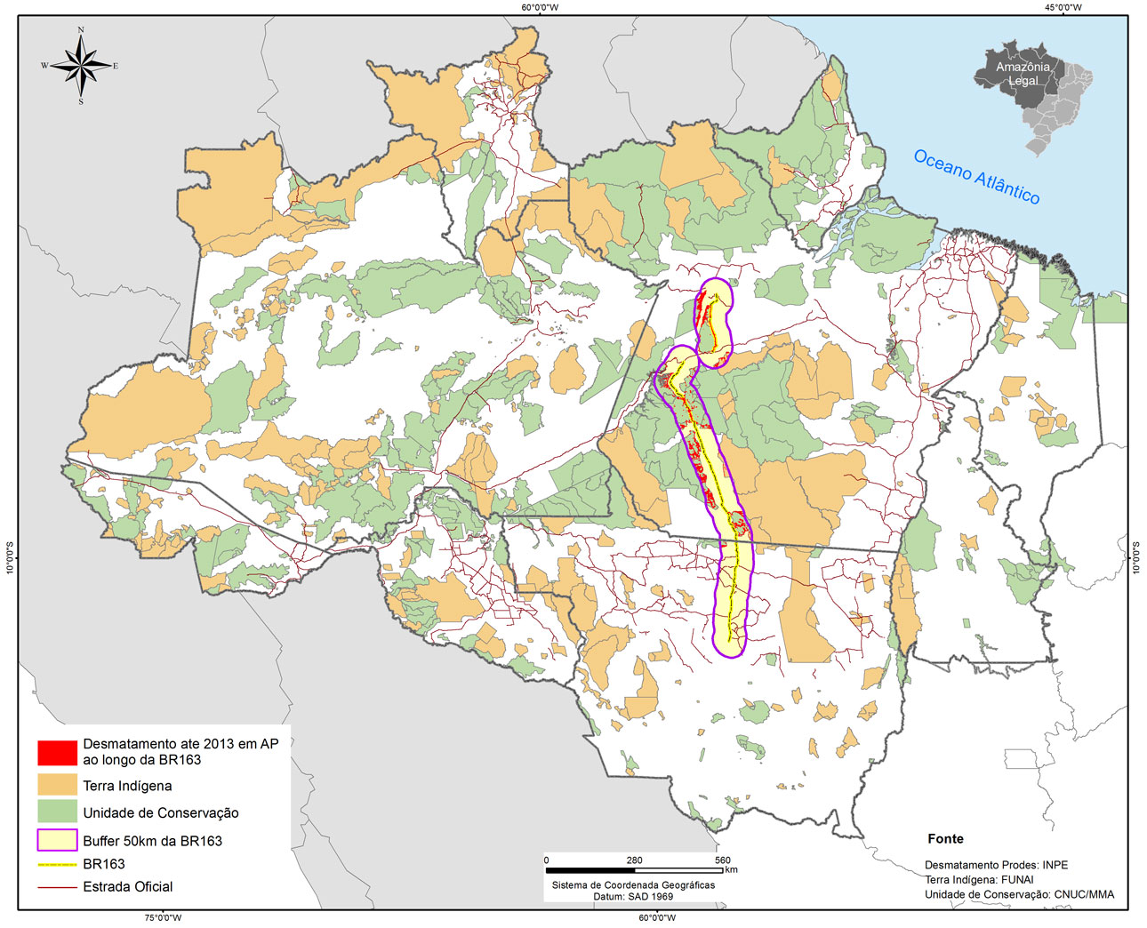 Localização das áreas protegidas ao longo da rodovia BR-163. | Clique para ampliar.