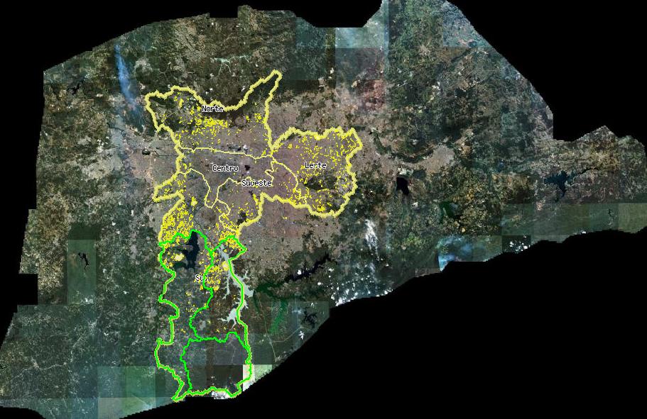 Contorno em verde mostra regiões de mananciais em São Paulo. A ocupação de Áreas de Proteção de Mananciais (APM) por favelas é clara. Imagem: Habisp (www.habisp.ing.br)