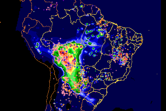 Concentração de poluentes na América do Sul. Crédito: INPE
