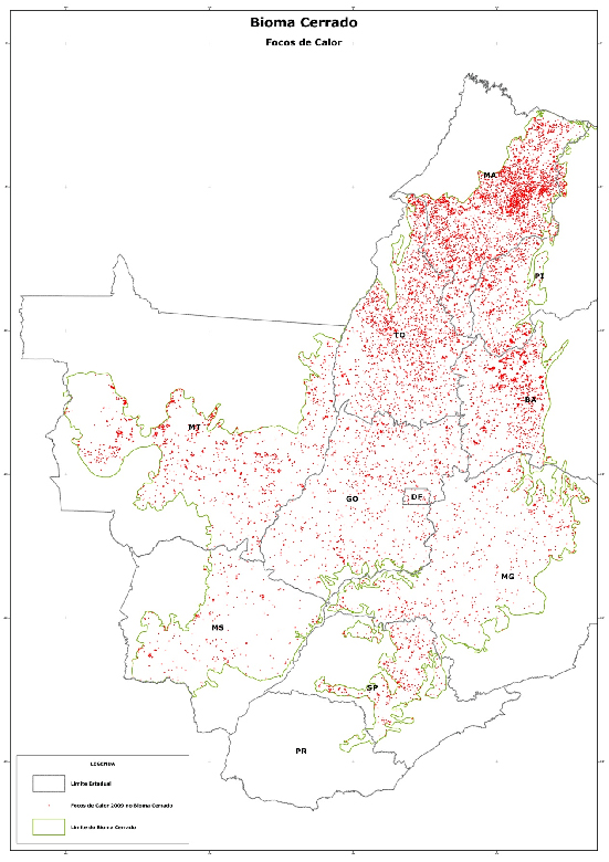 Mapa das queimadas no bioma Cerrado. Clique para ampliar