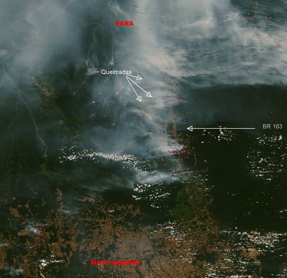 Imagem de satélite mostra queimadas ao longo da BR 163 em 2008 (fonte: Terra/NASA)