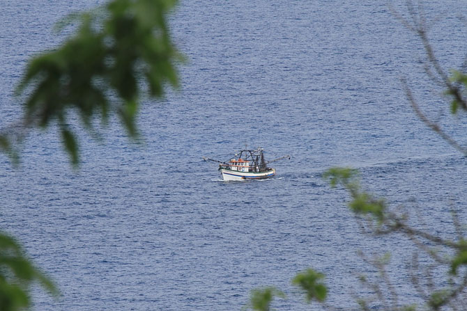 Um barco pesqueiro com redes de arrasto se aproxima da Queimada Grande.