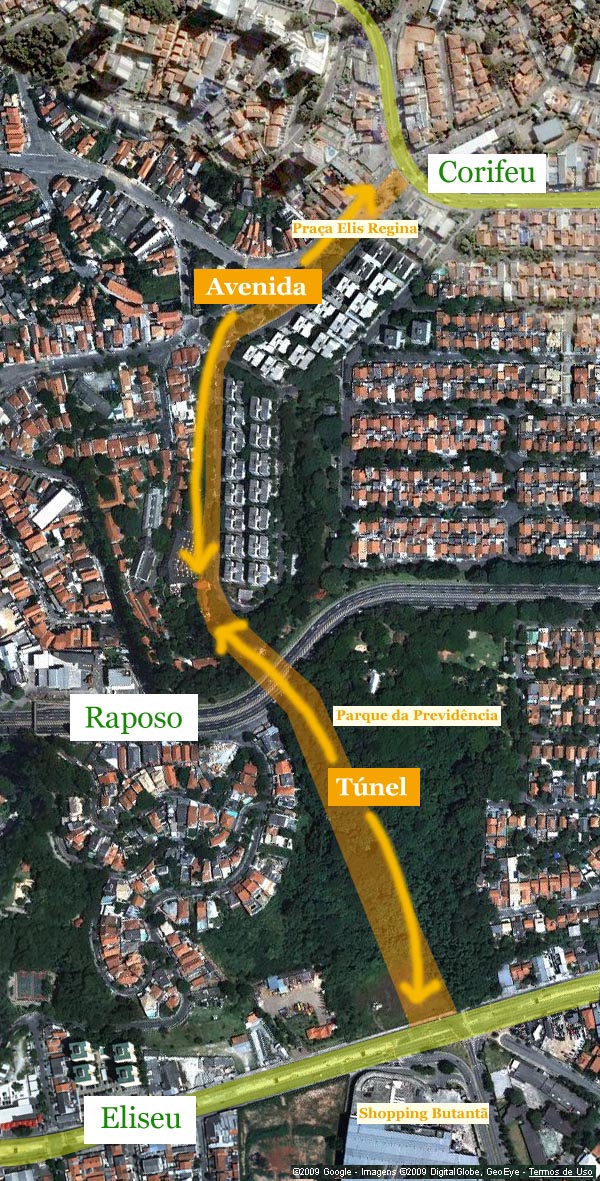 Ilustração do movimento Butantã Pode! mostra o traçado do túnel-avenida proposto. (Fonte: http://www.butanta.com.br/)