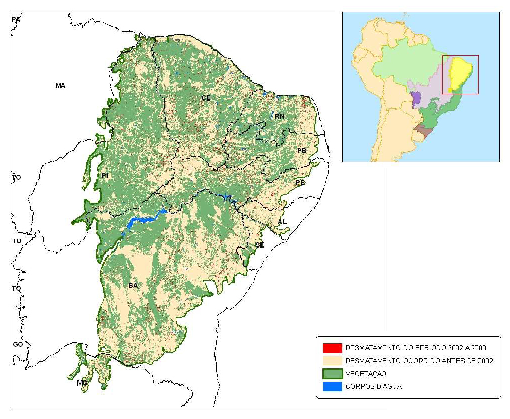 Desmatamento (vermelho) pulverizado da Caatinga. Clique e confira em tamanho maior. imagem: MMA/Ibama/CSR