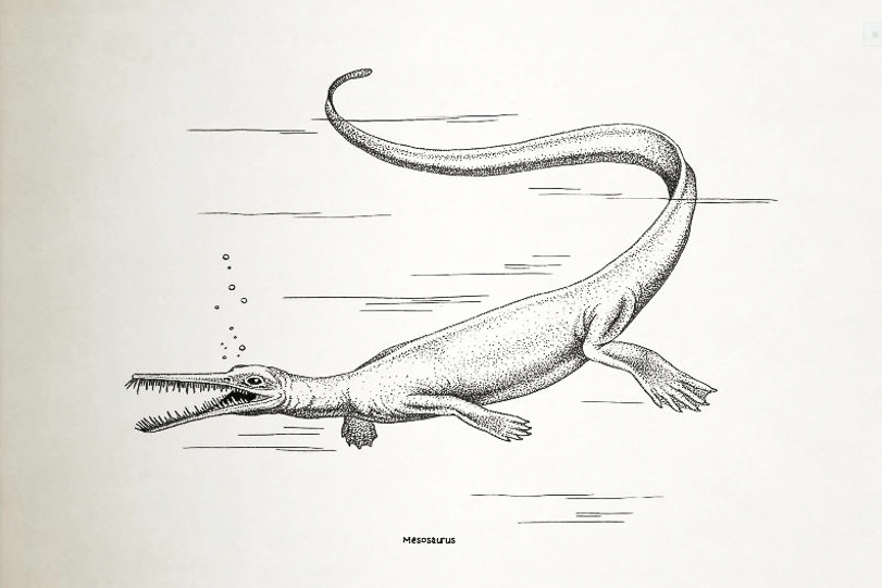 Entre as centenas de ilustrações feitas a bico de pena do livro "Visóes de um passado remoto" está esta de um Mesosaurus, réptil primitivo do período Permiano Inferior. 